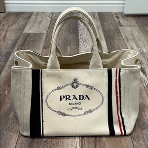 Prada Cream Canvas Canapa Tote with Black & Red Stripes- large size